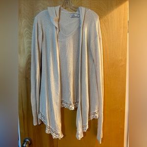 WOMENS HOLLISTER SIZE MEDIUM M OATMEAL CROCHET CASUAL LONG HOOD CARDIGAN SWEATER